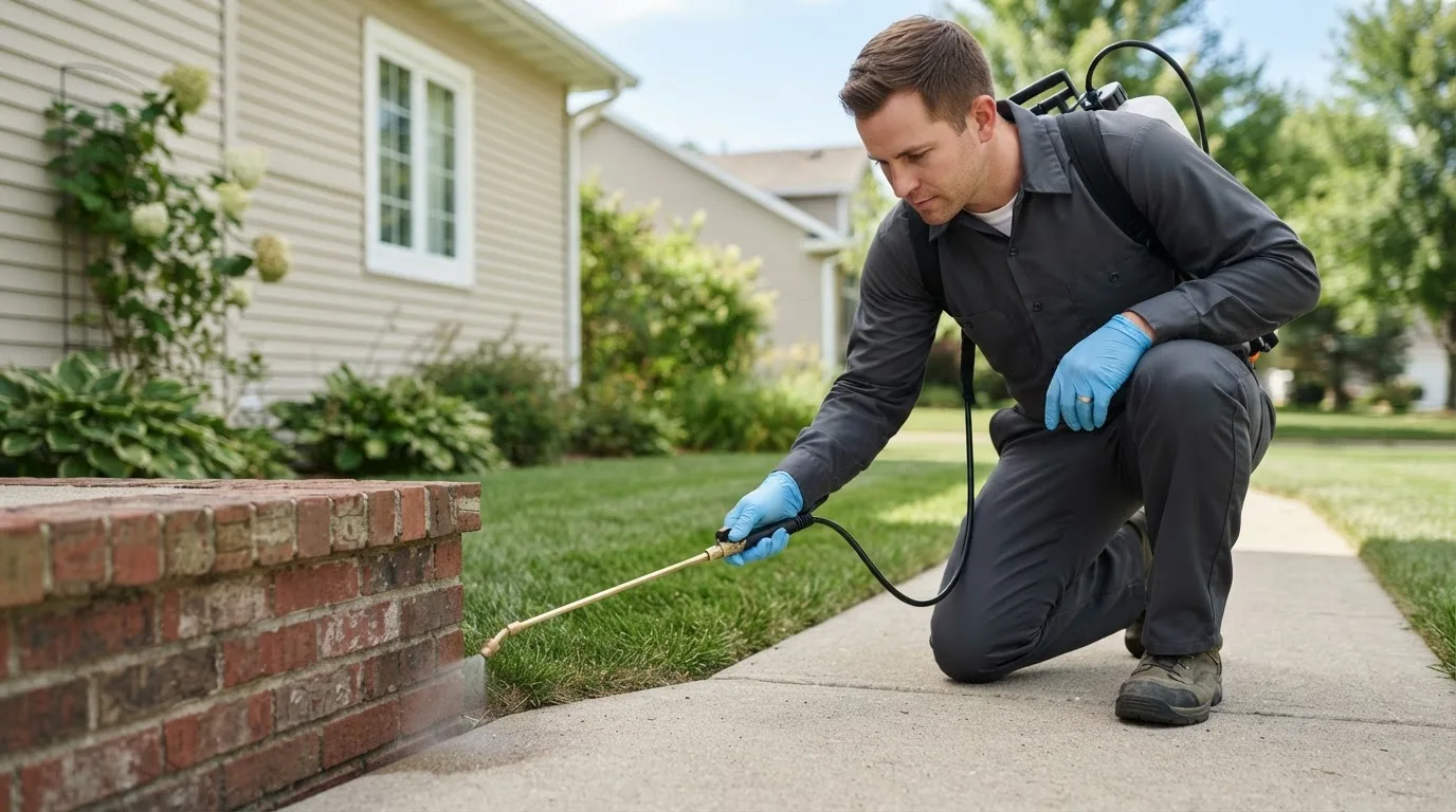 Pest control technician treating a home near Dexter, NY